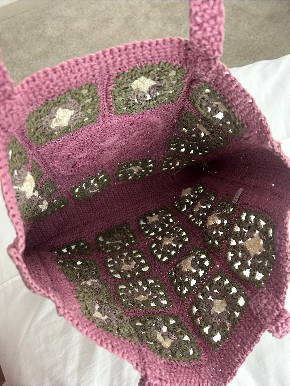 Rare TORY BURCH Large Ella Crochet Floral Pink Green Tote Bag India Beach Summer
